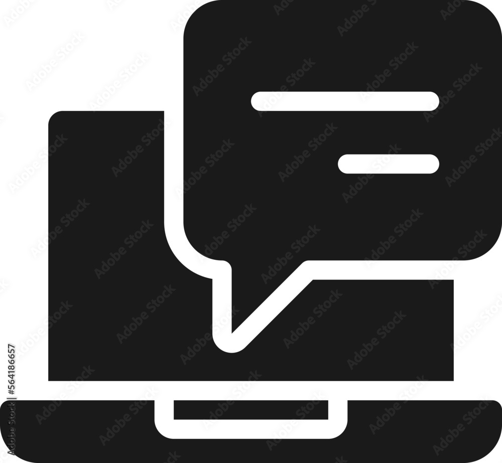 Poster Laptop with speech bubble black glyph icon. Message notification on notebook computer. Online communication. Silhouette symbol on white space. Solid pictogram. Vector isolated illustration