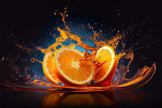 Colorful orange slices splashing in a water, abstract fluid exploding creativity, crazy background with splashes, multicolor liquid effect. 