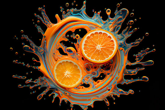 Colorful orange slices splashing in a water, abstract fluid exploding creativity, crazy background with splashes, multicolor liquid effect. 