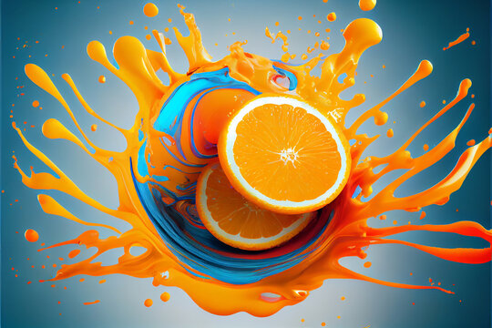 Colorful orange slices splashing in a water, abstract fluid exploding creativity, crazy background with splashes, multicolor liquid effect. 