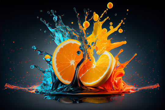 Colorful orange slices splashing in a water, abstract fluid exploding creativity, crazy background with splashes, multicolor liquid effect. 