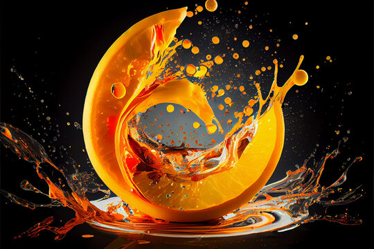 Colorful orange slices splashing in a water, abstract fluid exploding creativity, crazy background with splashes, multicolor liquid effect. 