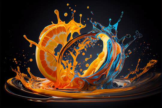 Colorful orange slices splashing in a water, abstract fluid exploding creativity, crazy background with splashes, multicolor liquid effect. 