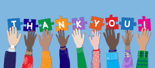 Fototapeta premium Thank you! Appreciation vector banner, flyer with diverse female and male hands raising up, holding and connecting puzzle pieces. Multicultural international students group, people show gratefulness