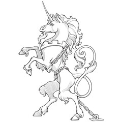 Heraldic unicorn walking on hind legs chained. Heraldic supporter a part of a Coat of Arms. line drawing isolated on white background. EPS10 vector illustration.