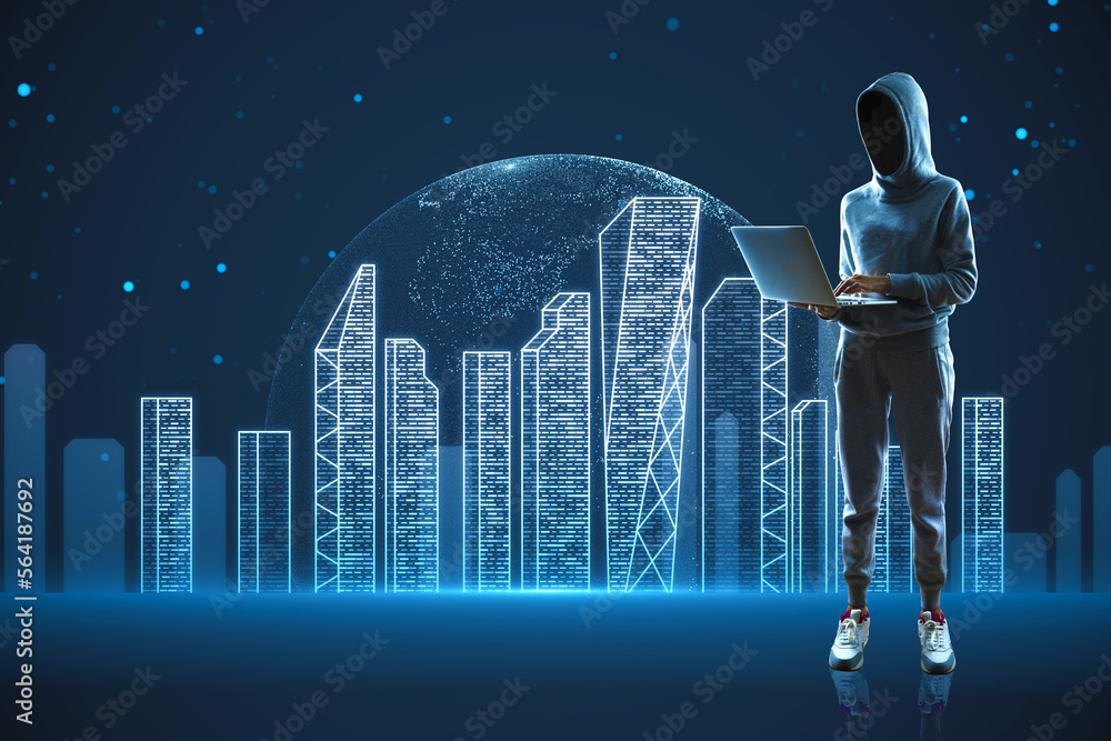 Poster hacker with laptop standing on digital tech city background. digital landscape in a cyber world conc