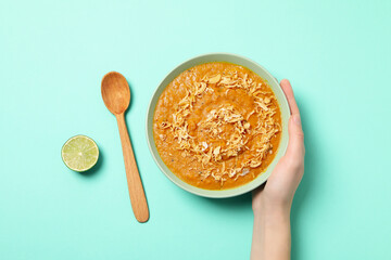 Concept of tasty food, sweet potato puree, top view