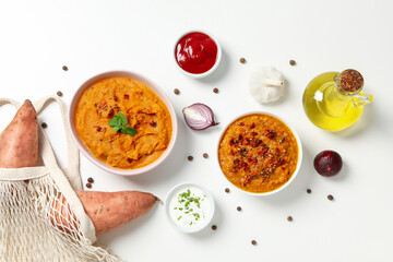 Concept of tasty food, sweet potato puree, top view