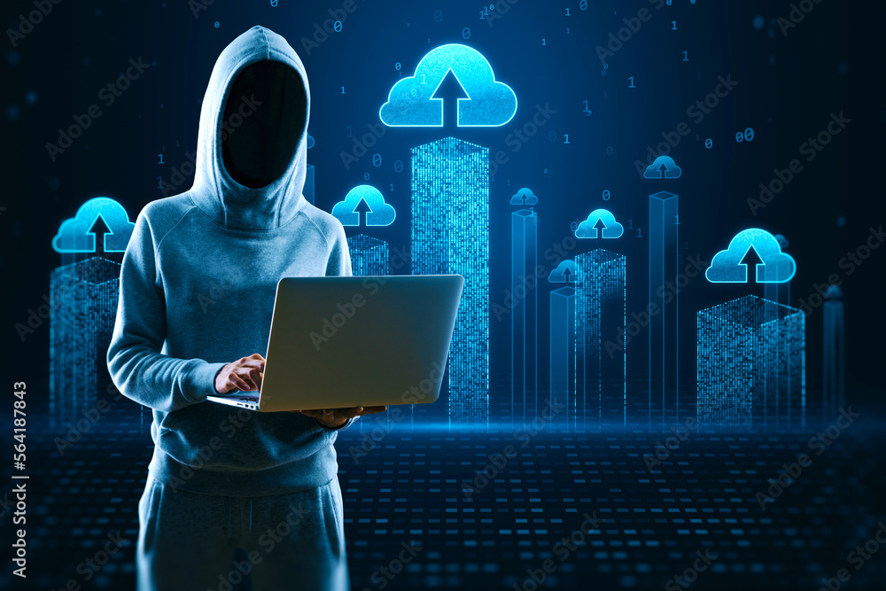 Poster Hacker using laptop computer with creative cloud homputing hologram on blurry background. Database, hacking, server and information storage concept.