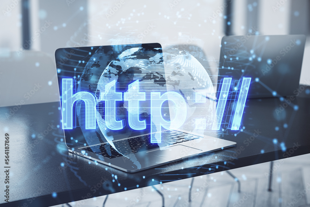 Aufkleber close up of laptop on office desktop with creative polygonal globe with web hologram on blurry backg