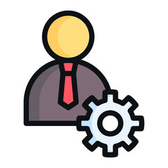 Isolated businessman with cogwheel in outline color icon on white background. manager, office worker, leader, employee, avatar, profile