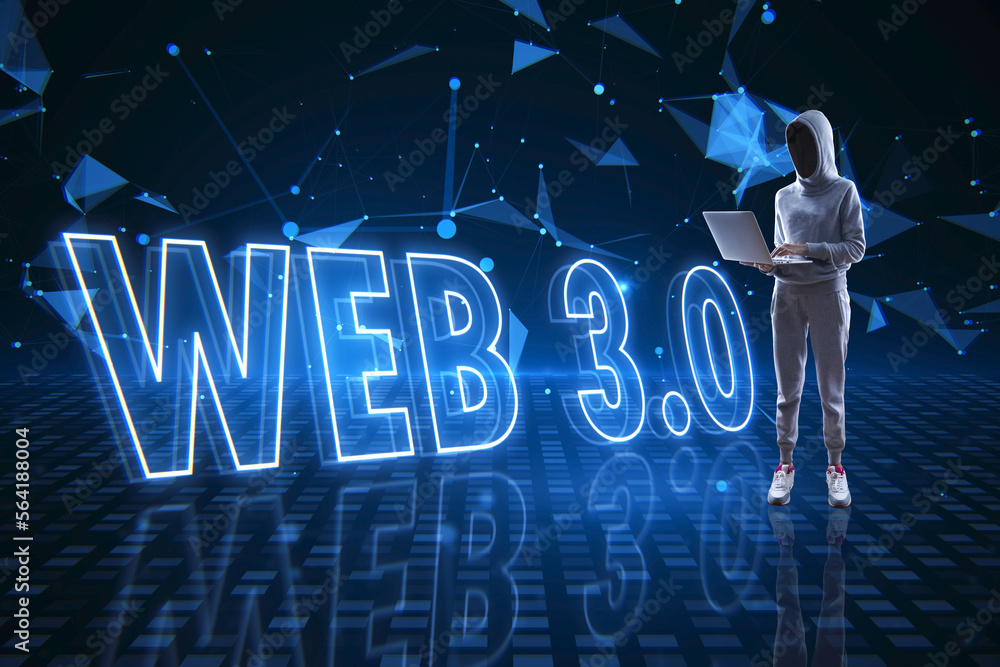 Poster hacker using laptop computer. Web 3.0 is a new generation of the Internet, using blockchain and artificial intelligence -