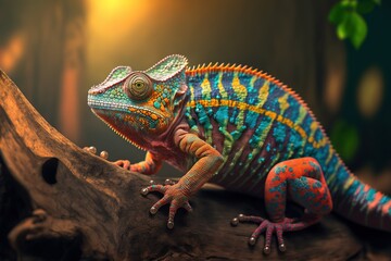 Fototapeta premium Colorful chameleon on a tree branch. Generative AI.