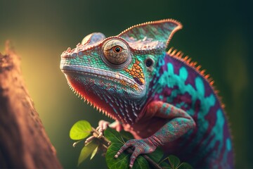 Obraz premium Colorful chameleon on a tree branch. Generative AI.