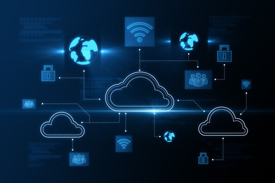 Cloud technology and online information storage concept with digital blue cloud symbols and computing icons on abstract dark background. 3D rendering