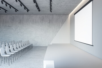 Contemporary loft concrete auditorium interior with blank white mock up poster. 3D Rendering.