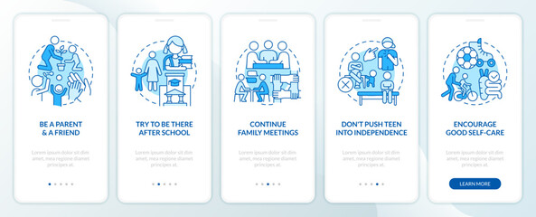 Peaceful teen parenting tips blue onboarding mobile app screen. Family walkthrough 5 steps editable graphic instructions with linear concepts. UI, UX, GUI template. Myriad Pro-Bold, Regular fonts used