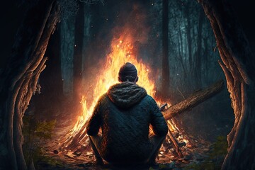 Man making campfire in forest. Generative AI.