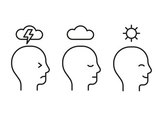 Mental health line icon. Head profile with stress, calm and positive mood. Face with storm, cloud and clear sky, sun. Control of mind, psychology. Vector illustration