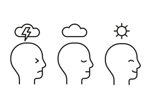 Mental health line icon. Head profile with stress, calm and positive mood. Face with storm, cloud and clear sky, sun. Control of mind, psychology. Vector illustration