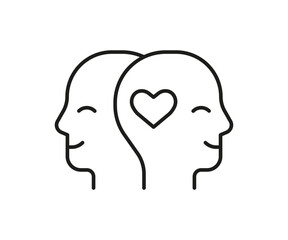 Couple people head profile with love heart, line icon. Face with love feeling, relationship in family. Two lovers.Valentines day. Vector