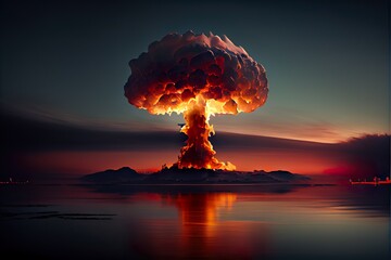Nuclear explosion, yellow orange mushroom cloud of exploding atom bomb. Fire, atomic bang. Nuke energy. Armageddon concept. Generative Ai