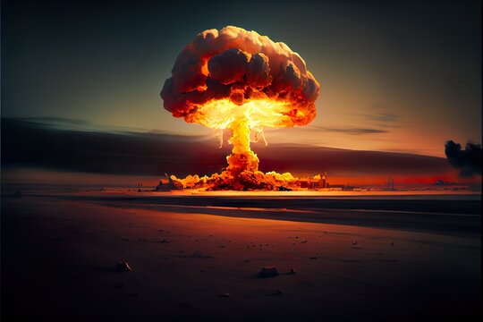 Nuclear explosion, mushroom-shaped cloud of exploding atomic bomb. Radioactive fire, atom bang. Nuke energy, power. Doomsday, armageddon concept. Generative Ai