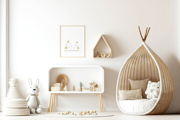 Fototapeta light beige interior of cozy kids room with wicker furniture obraz