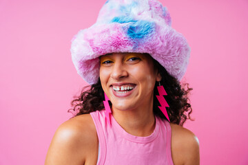 Creative studio portrait of beautiful hispanic woman with diastema - Cool, modern and unique female adult posing on colorful background, concepts about diversity, individuality and fashion