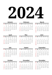 Calendar for 2024 isolated on a white background