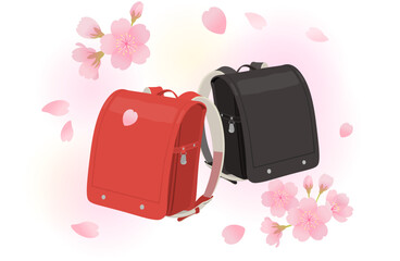 赤と黒のランドセルと桜のイメージ素材_ベクターイラスト