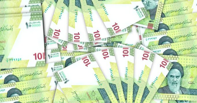 Iran Rial banknotes in a cash fan mosaic pattern loop. Iranian IRR 10000 notes. Abstract concept of bank, finance, economy seamless and looped decorative design background.