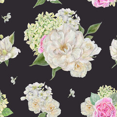 Vintage watercolor pattern with hortensia, white, pink roses on a dark background.