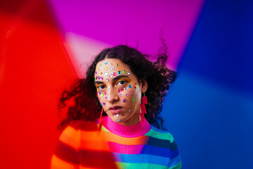 Creative studio portrait of beautiful hispanic woman with diastema - Cool, modern and unique female adult posing on colorful background, concepts about diversity, individuality and fashion