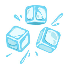 Ice cubes in the air with splashing water droplets, the concept of chilling drink and cold, frosty and fresh cubes, frozen liquid crystals in a flat cartoon style. Vector illustration