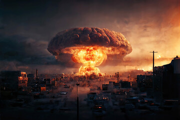 Nuclear bomb explosion with mushroom cloud in city (Generative AI)