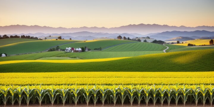 Corn field growing in farmland with mountains in the background, beautiful plains, rolling hills and immaculate rows of crops