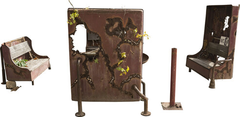Isolated PNG cutout of ivy covererd rusty benches around a camp fire on a transparent background,...