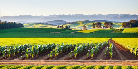 Corn field growing in farmland with mountains in the background, beautiful plains, rolling hills and immaculate rows of crops