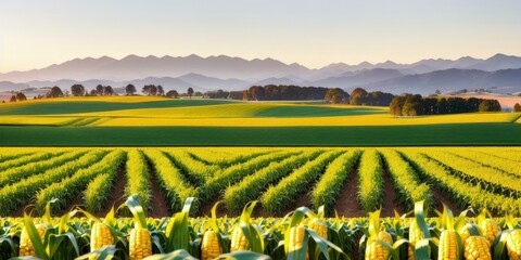 Fototapeta premium Corn field growing in farmland with mountains in the background, beautiful plains, rolling hills and immaculate rows of crops