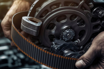 Car service, maintenance, repairman checks the timing belt of a car for repair, changes the timing belt in a passenger car. Generative AI
