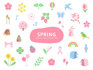 春のシンプルなイラストアイコンセット / ノーマル / 桜、花、自然、植物、動物