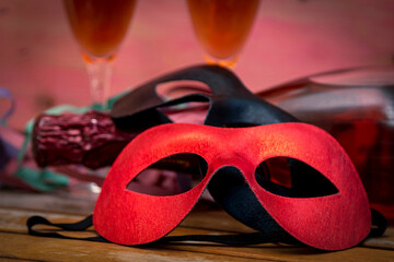champagne masks and streamers elegant party concept