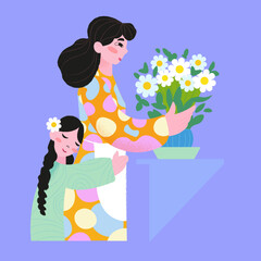 Vector illustration. Motherhood, a young mother puts flowers in a vase, and a little daughter hugs her mother. Mom and daughter. Background, booklet, advertising.