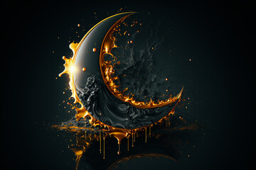 3d render dark gray Ramadan moon, gold splash, clean dark background
