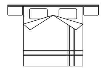 2D graphic image of the top of a single bed. Complete bed with mattress and blanket. Drawn using CAD in black and white.