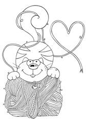 Coloring page of cat with wool ball