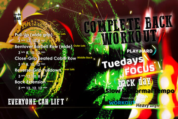 Poster artwork of Gym for home workouts. Information for complete back exercise workout routines for Back.