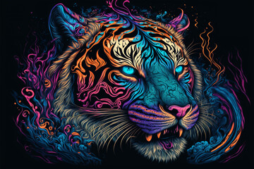 Colorful Tiger in a psychedelic style background, Rainbow Tiger fantasy, Neon tiger, generative ai.