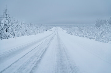 Fototapeta na wymiar winter in Lapland, snowy road